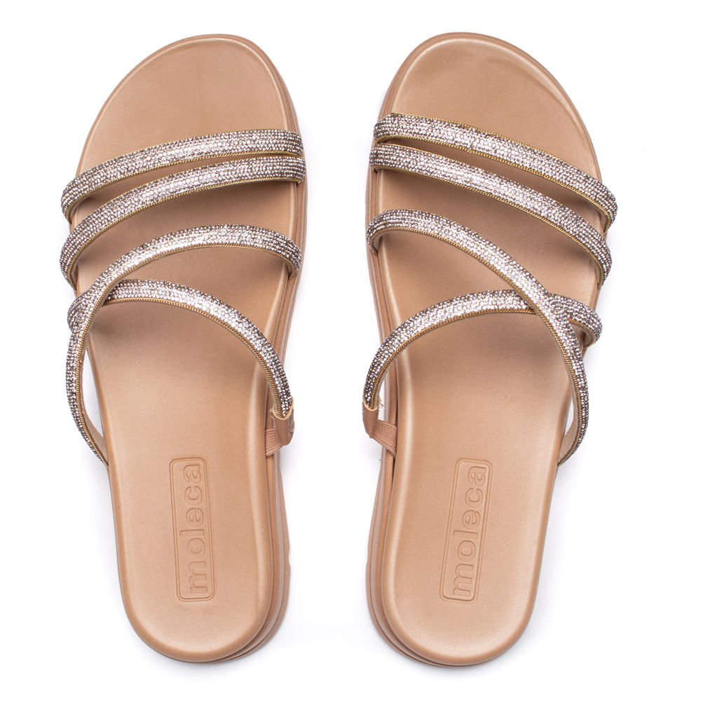 Chinelo Feminino Moleca Flatform com Tiras de Strass Nude