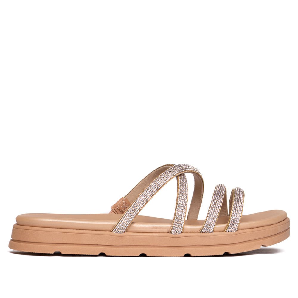 Chinelo Feminino Moleca Flatform com Tiras de Strass Nude Nude 2