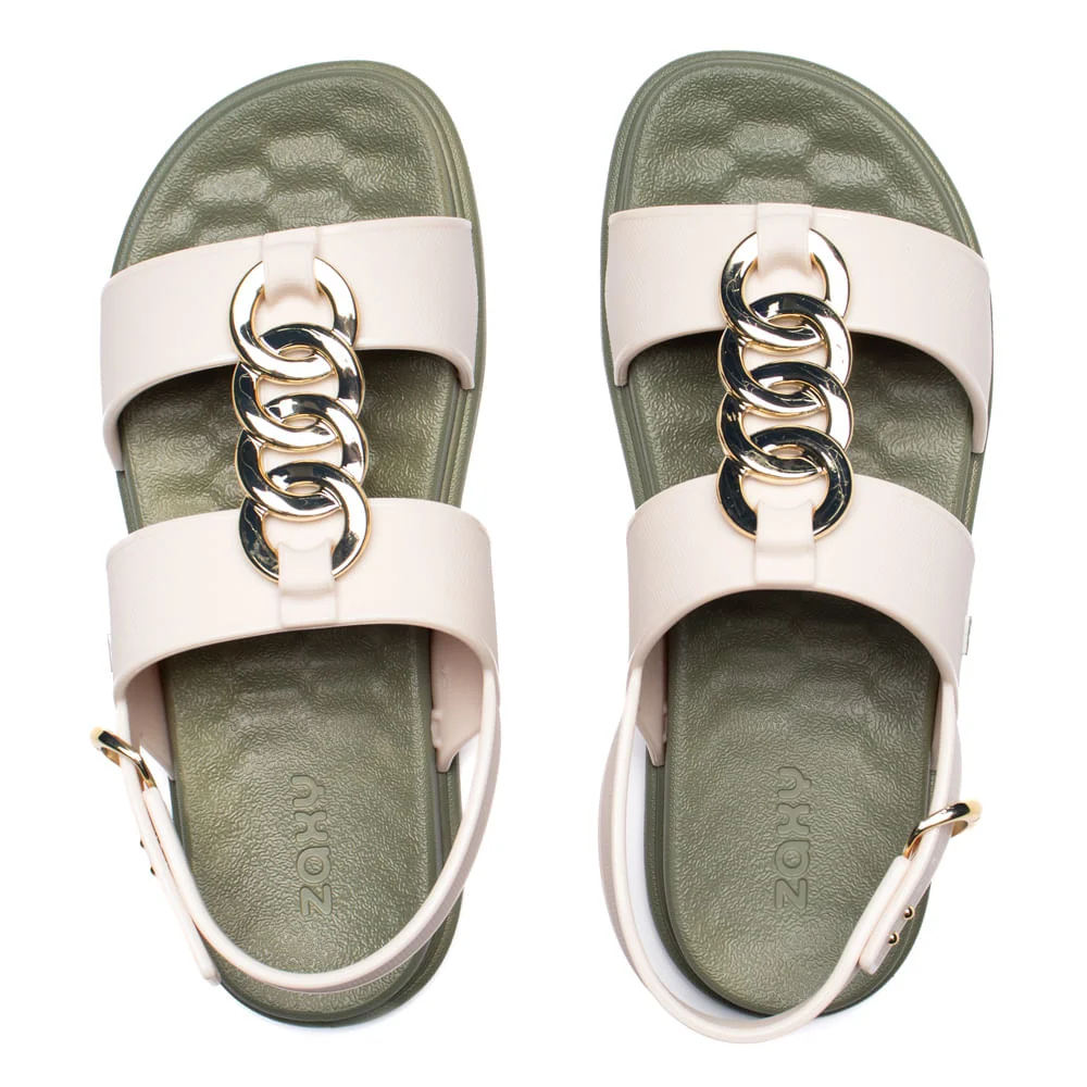 Sandália Feminina Zaxy Glam Corrente Flat Off White/Verde Off White/Verde 4
