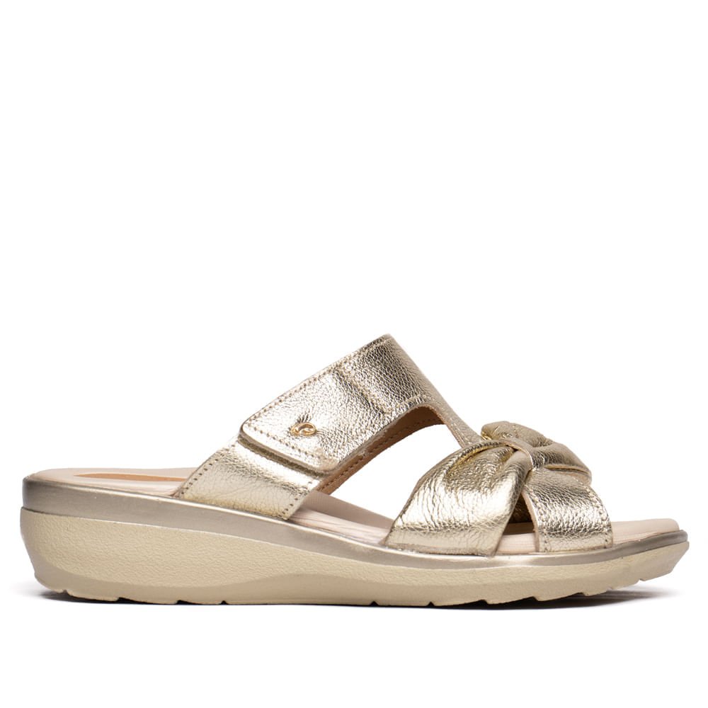Tamanco Feminino Pegada Couro Super Soft Laço Dourado