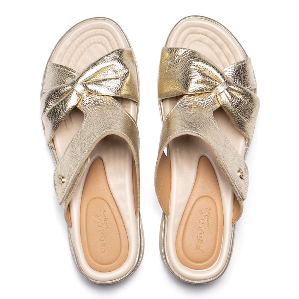 Tamanco Feminino Pegada Couro Super Soft Laço Dourado Dourado 4