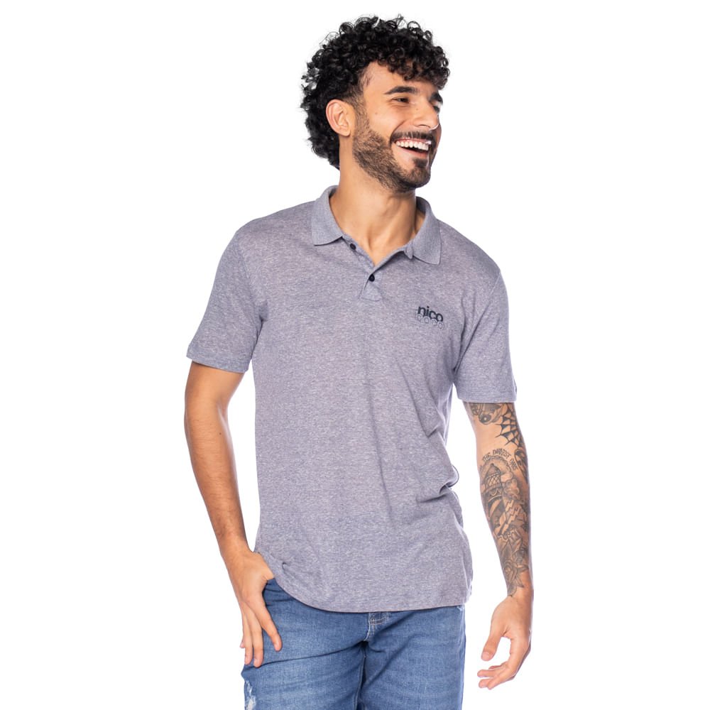Camisa Polo Masculina Nicoboco Slim Fit Logo Cinza