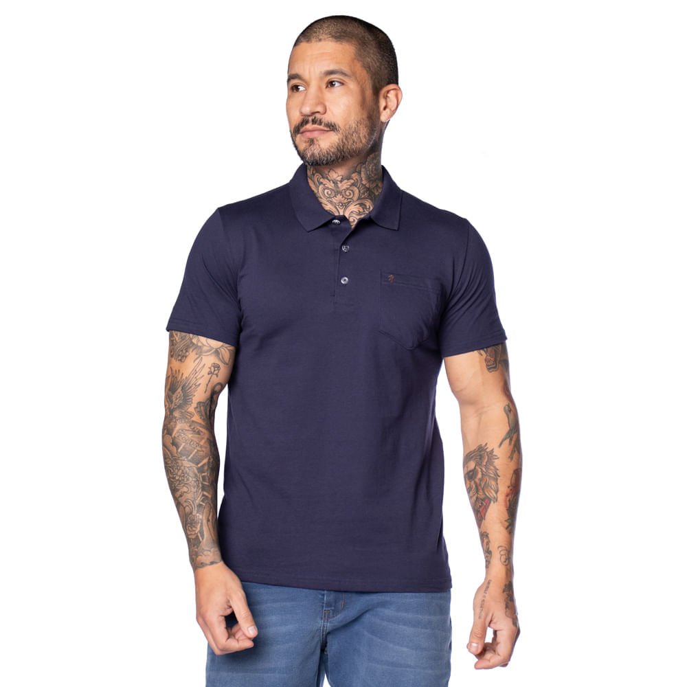 Camisa Polo Masculina Desayner Slim Lisa com Bolso Marinho