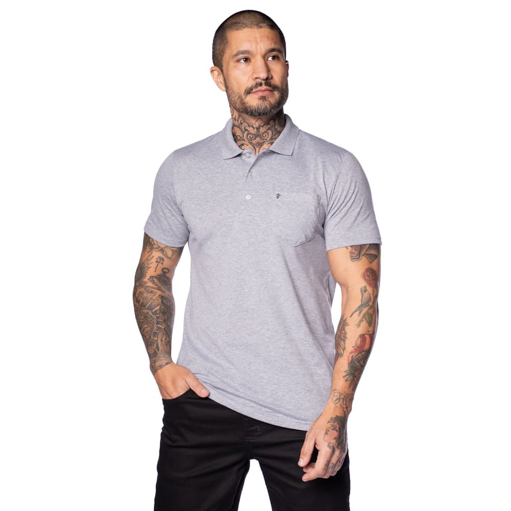 Camisa Polo Masculina Desayner Slim Lisa com Bolso Cinza Mescla