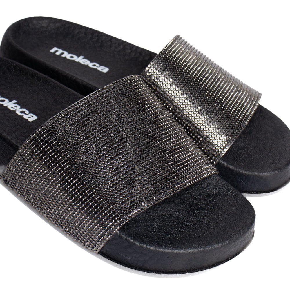 Chinelo Slide Feminino Moleca Flatform Strass Preto Preto 4