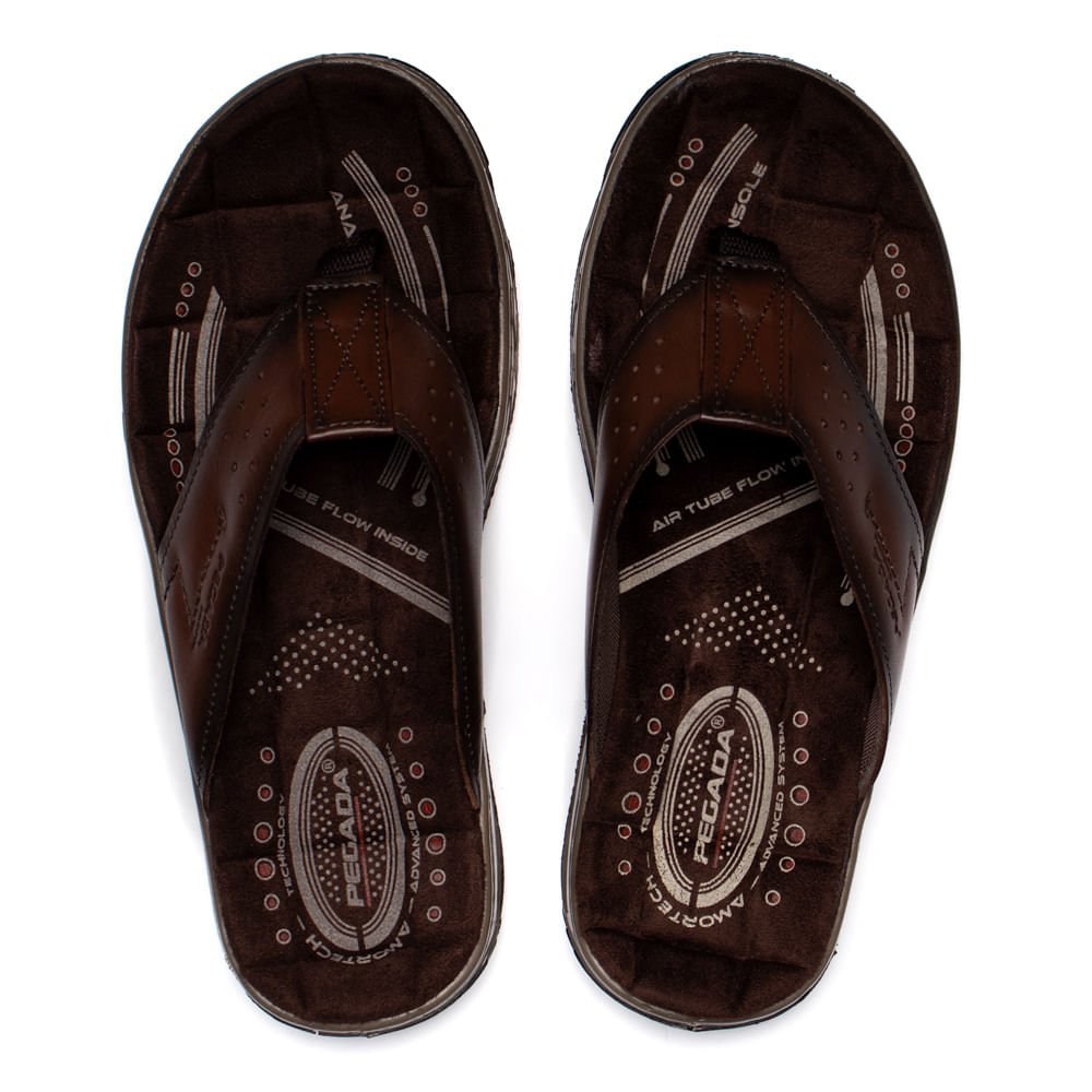 Chinelo Masculino Pegada Anilina Tiras Couro Marrom Escuro