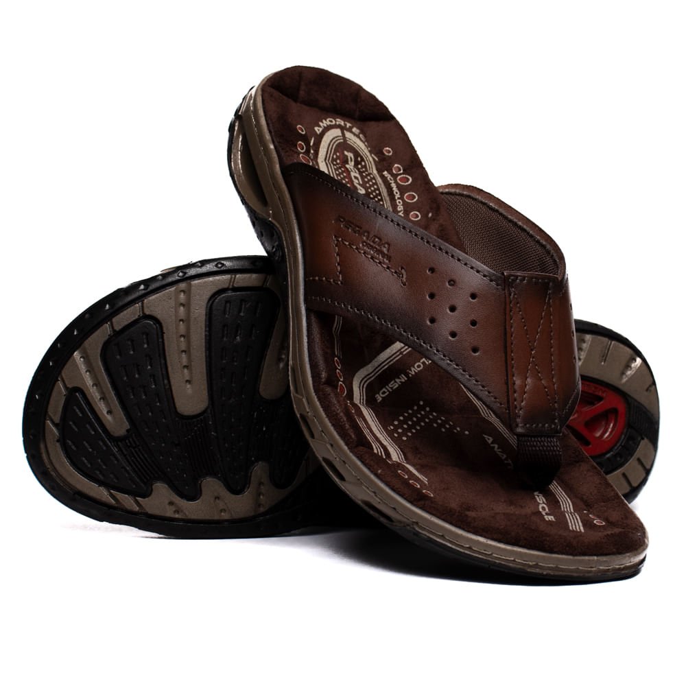 Chinelo Masculino Pegada Anilina Tiras Couro Marrom Escuro Marrom Escuro 4