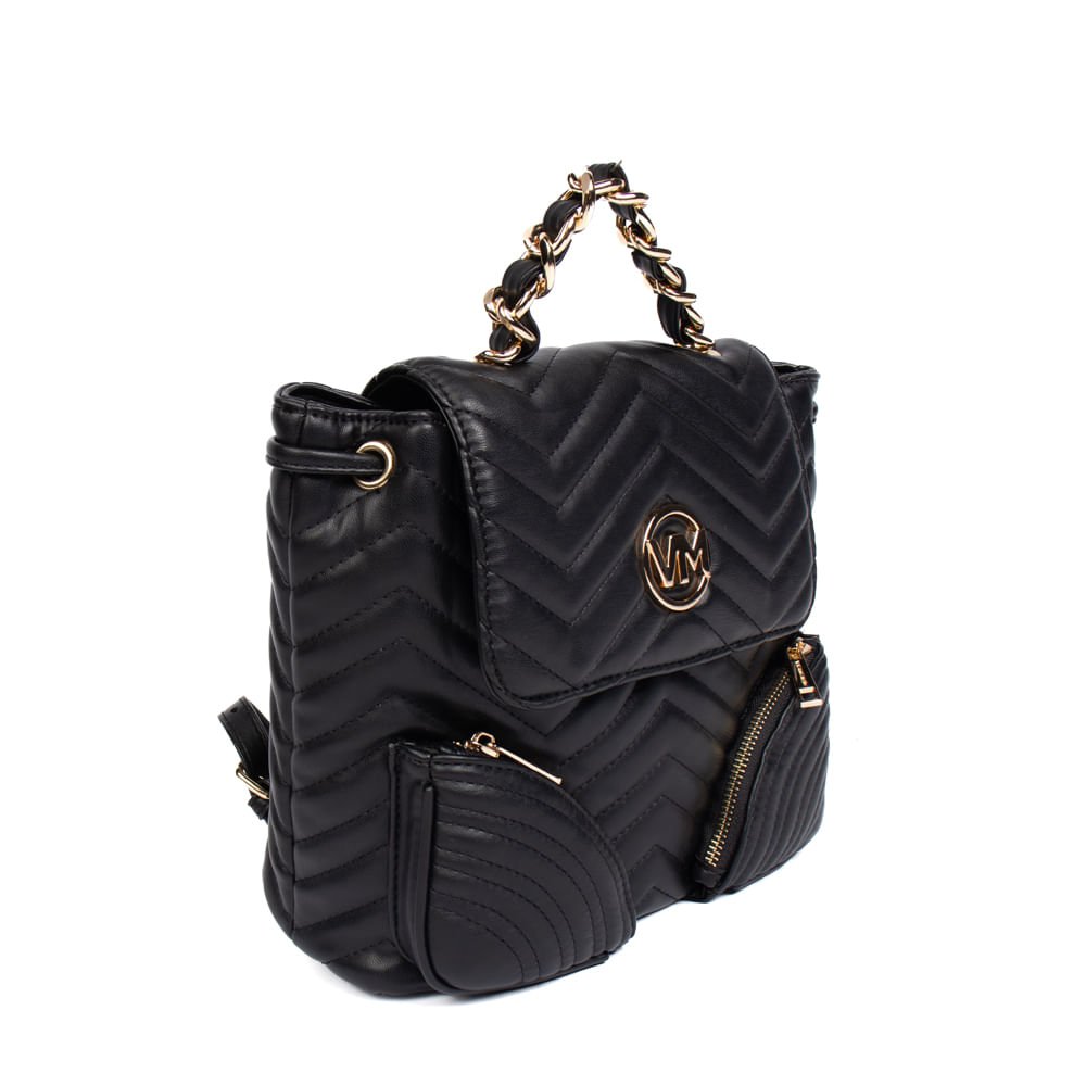 Bolsa Mochila Feminina Via Marte Média Matelassê Preto Preto 3