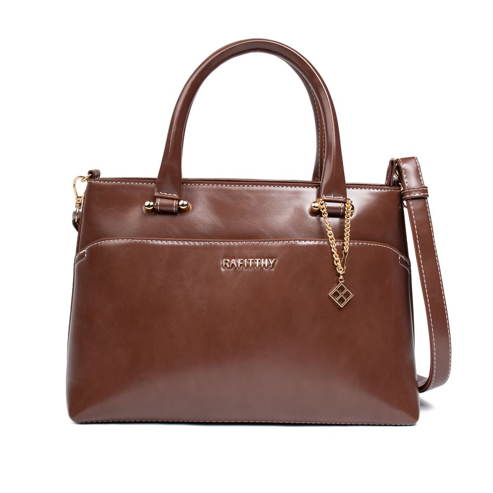 Bolsa Feminina Rafitthy Tiracolo Média Verniz Marrom/Dourado