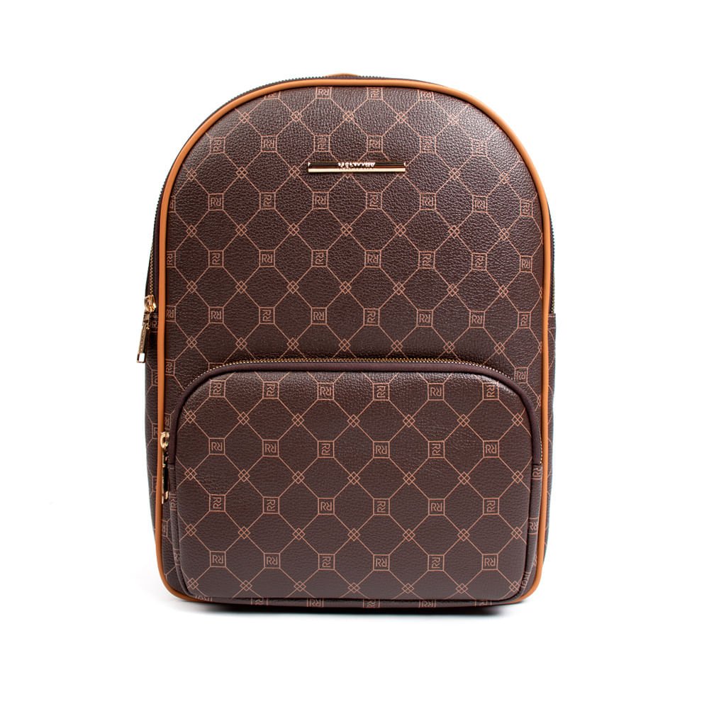 Mochila Feminina Rafitthy Média Monograma Marrom