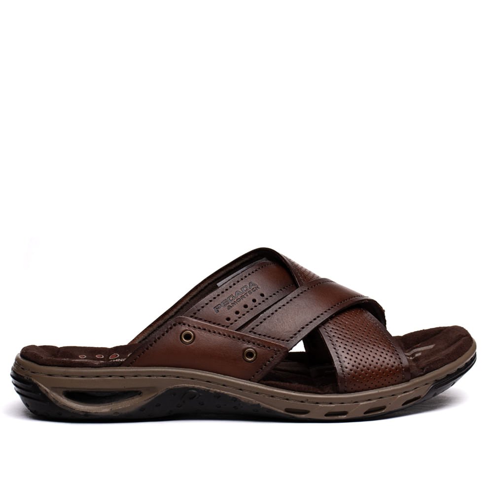 Chinelo Slide Masculino Pegada Anilina Couro Marrom Marrom 2