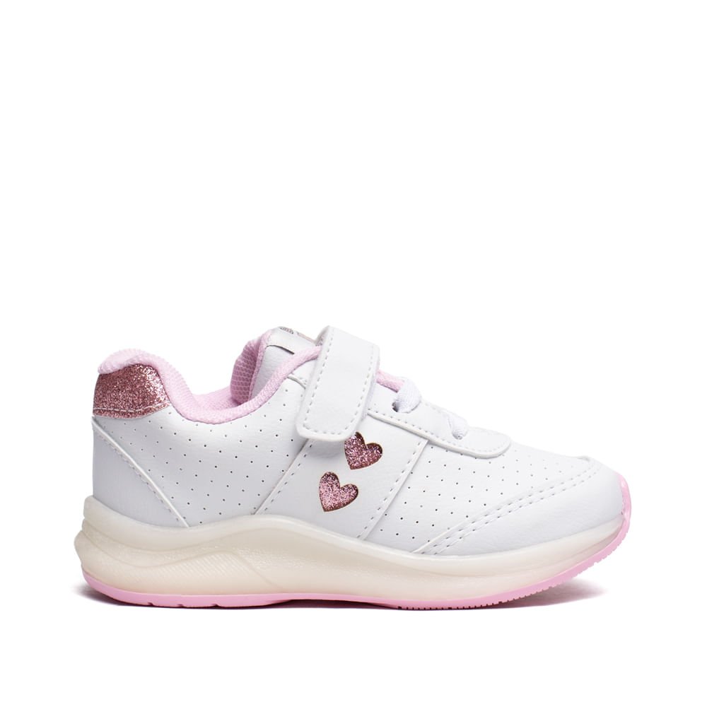Tênis Infantil Brink LED Coração Branco/Rosa