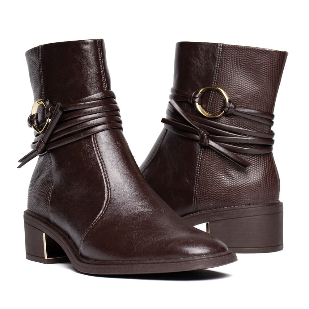 Bota Feminina Ramarim Cano Curto Com Tiras Marrom Escuro Marrom 7