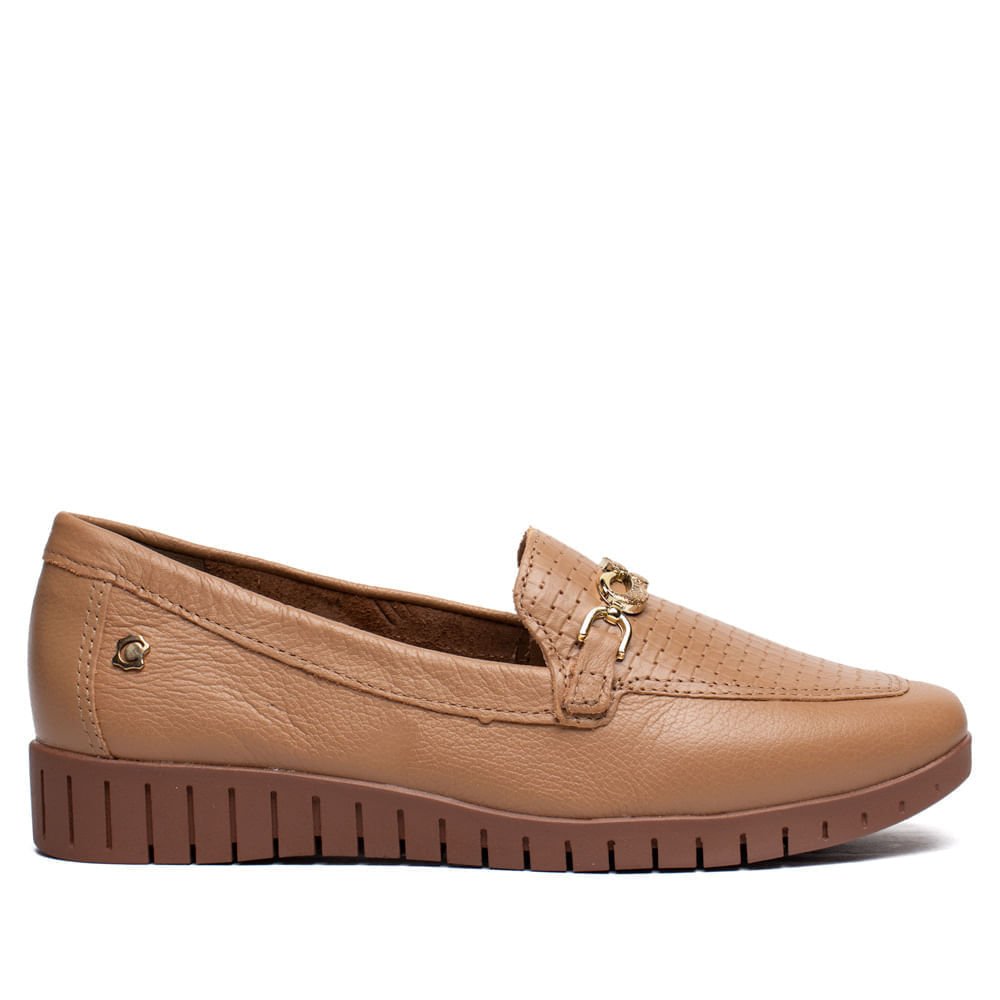 Mocassim Feminino Campesí Couro Flatform Caramelo/Dourado