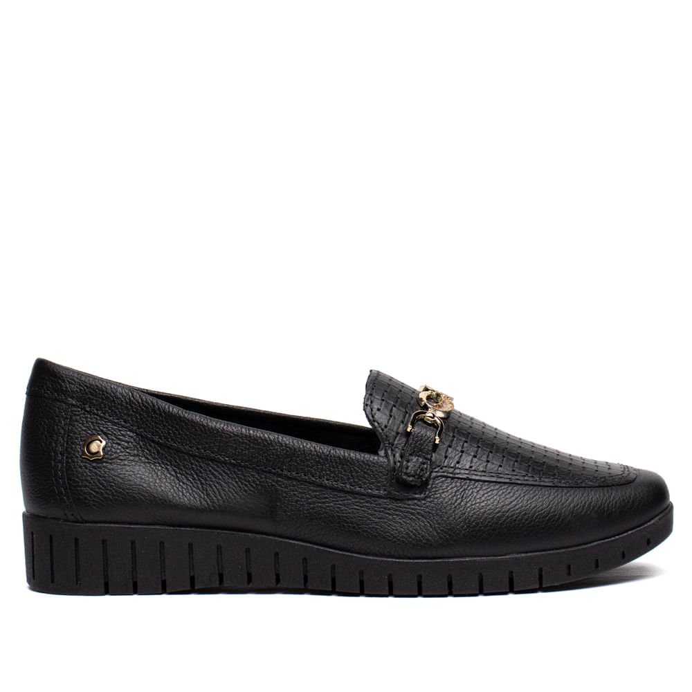 Mocassim Feminino Campesí Couro Flatform Preto/Dourado
