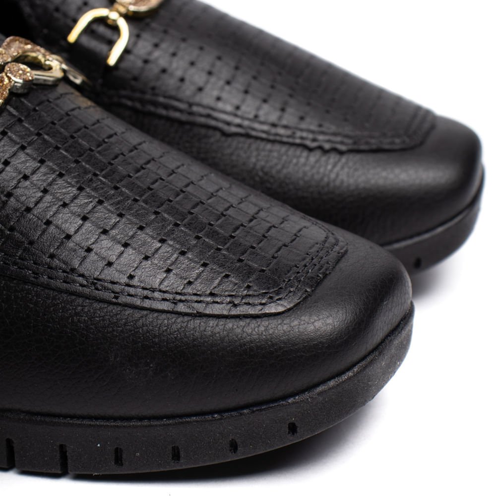 Mocassim Feminino Campesí Couro Flatform Preto/Dourado Preto 4