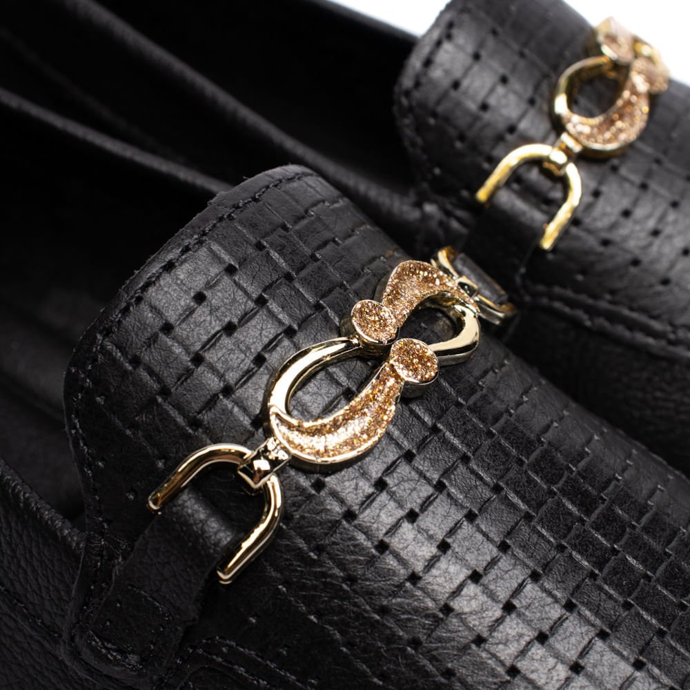 Mocassim Feminino Campesí Couro Flatform Preto/Dourado Preto 5