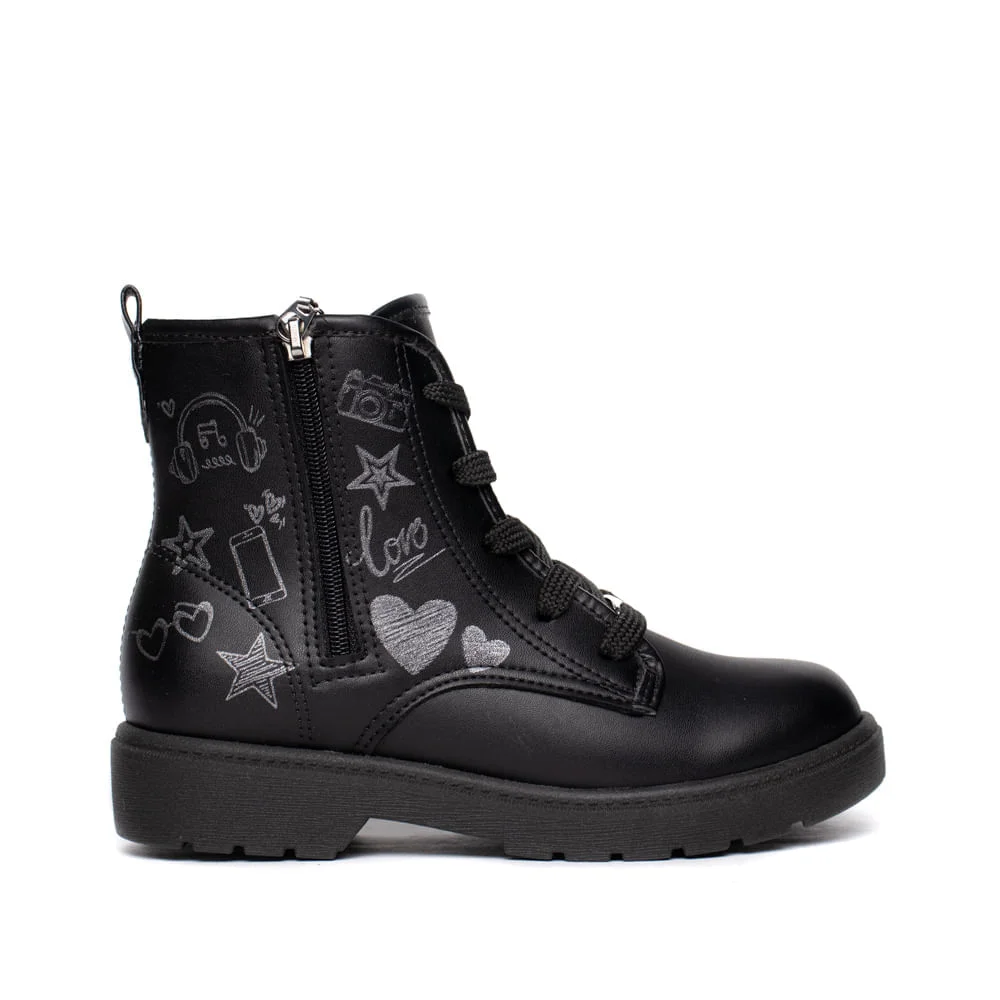 Bota Infantil Molekinha Cano Médio Gravuras Preto/Cinza
