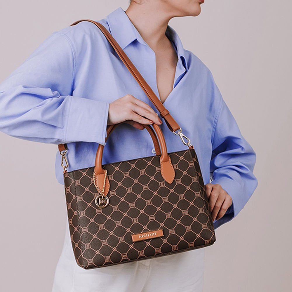 Bolsa Feminina Rafitthy Tote Monograma Chaveiro Marrom Marrom 5