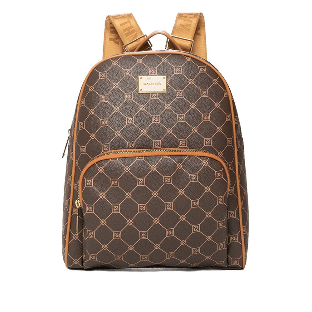 Mochila Feminina Rafitthy Monograma Bolso Frontal Marrom