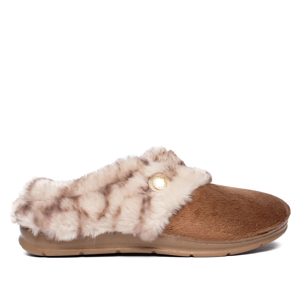 Pantufa Feminina Pegada Slip Peluciada Marrom/Bege