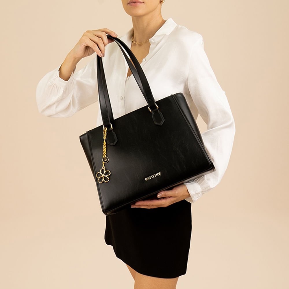 Bolsa Feminina Rafitthy Tote Pingente Flor Preto Preto 5