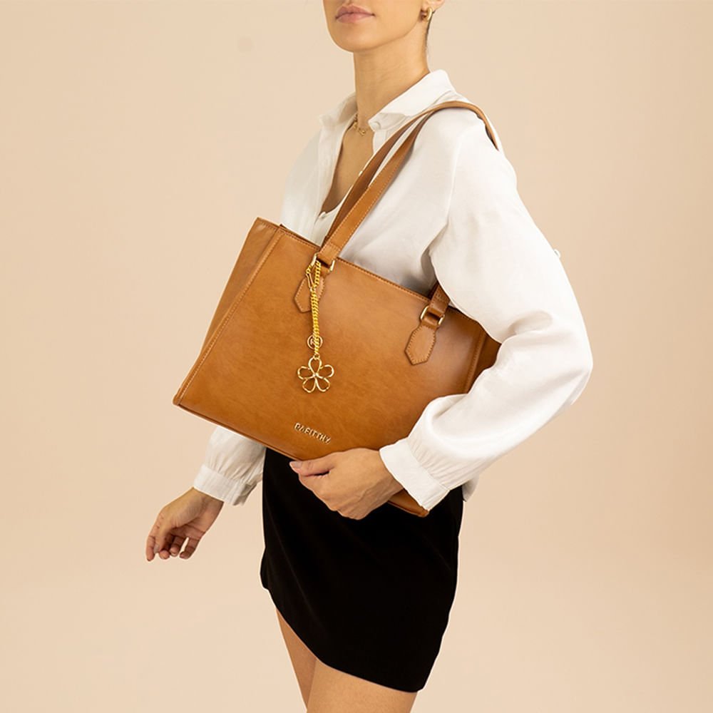Bolsa Feminina Rafitthy Tote Pingente Flor Caramelo Marrom 5