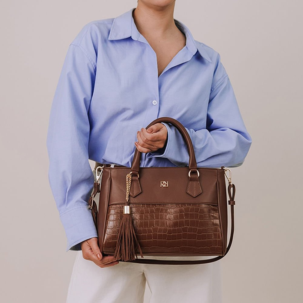 Bolsa Feminina Rafitthy Tote Estruturada Croco Marrom Marrom 5
