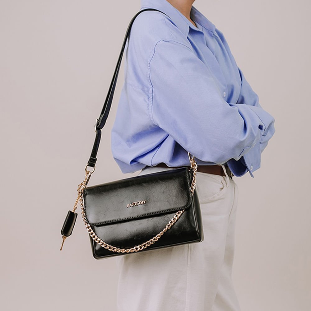 Bolsa Feminina Rafitthy Pequena Corrente Preto Preto 4