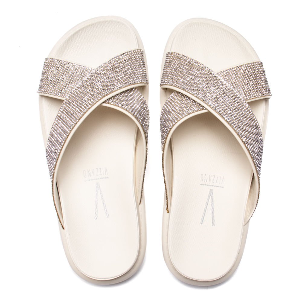 Chinelo Slide Feminino Vizzano Flatform Strass Off White