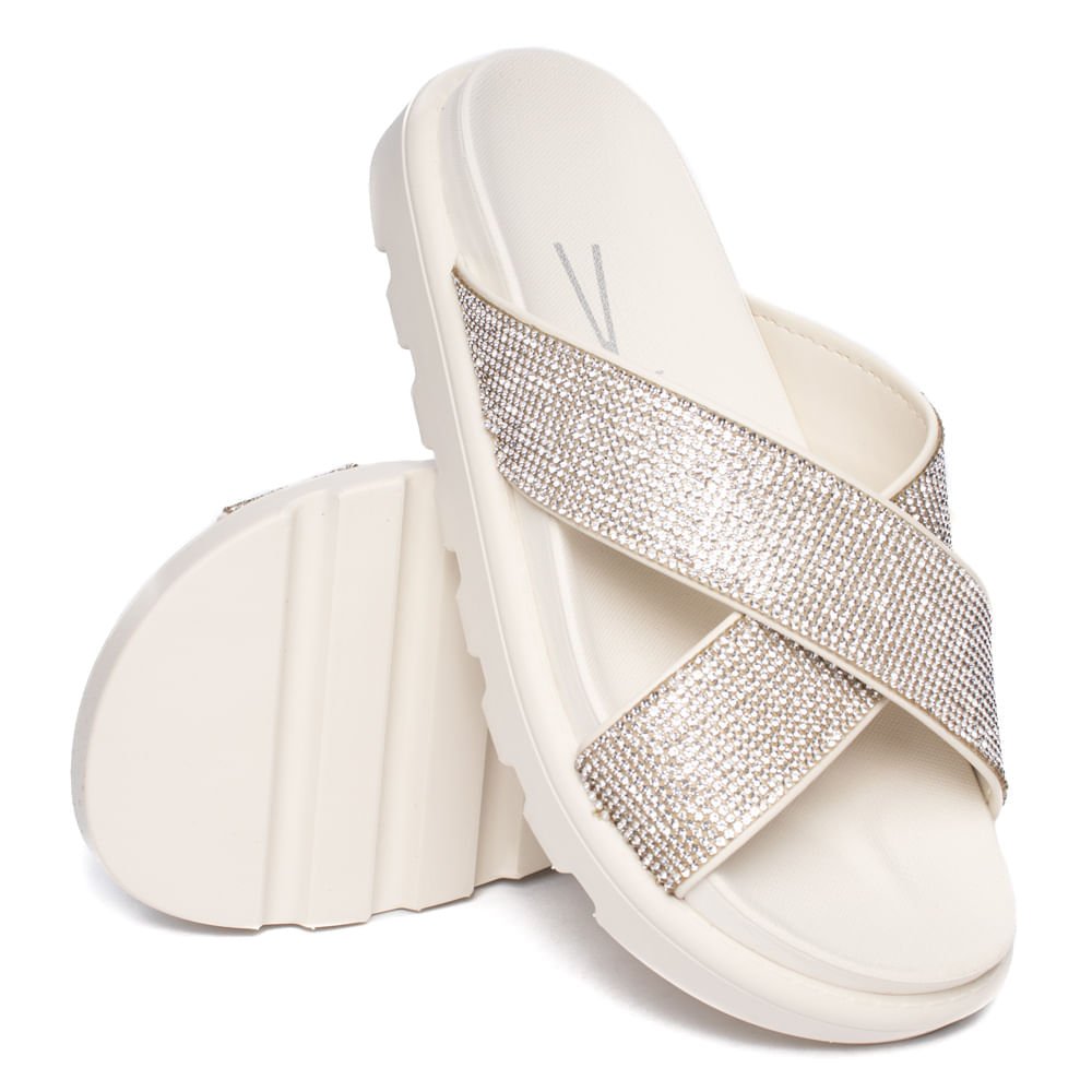 Chinelo Slide Feminino Vizzano Flatform Strass Off White Branco 5