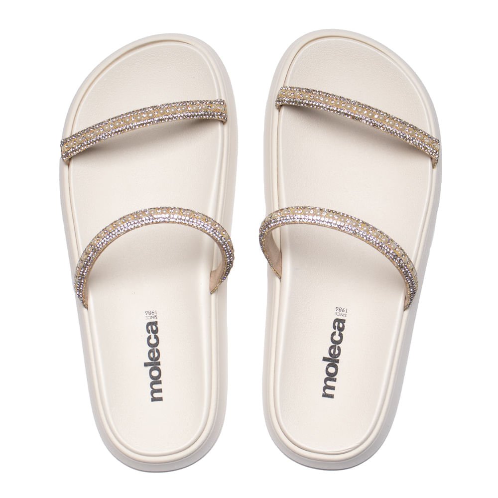 Chinelo Slide Feminino Moleca Flatform Strass Off White