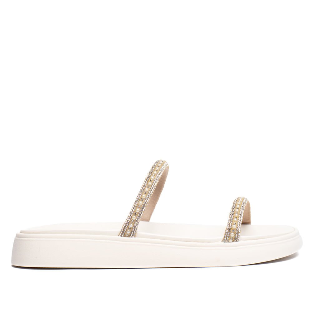 Chinelo Slide Feminino Moleca Flatform Strass Off White Branco 2