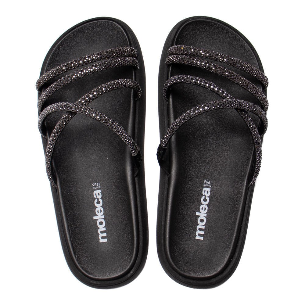 Chinelo Slide Feminino Moleca Flatform Pedrarias Preto