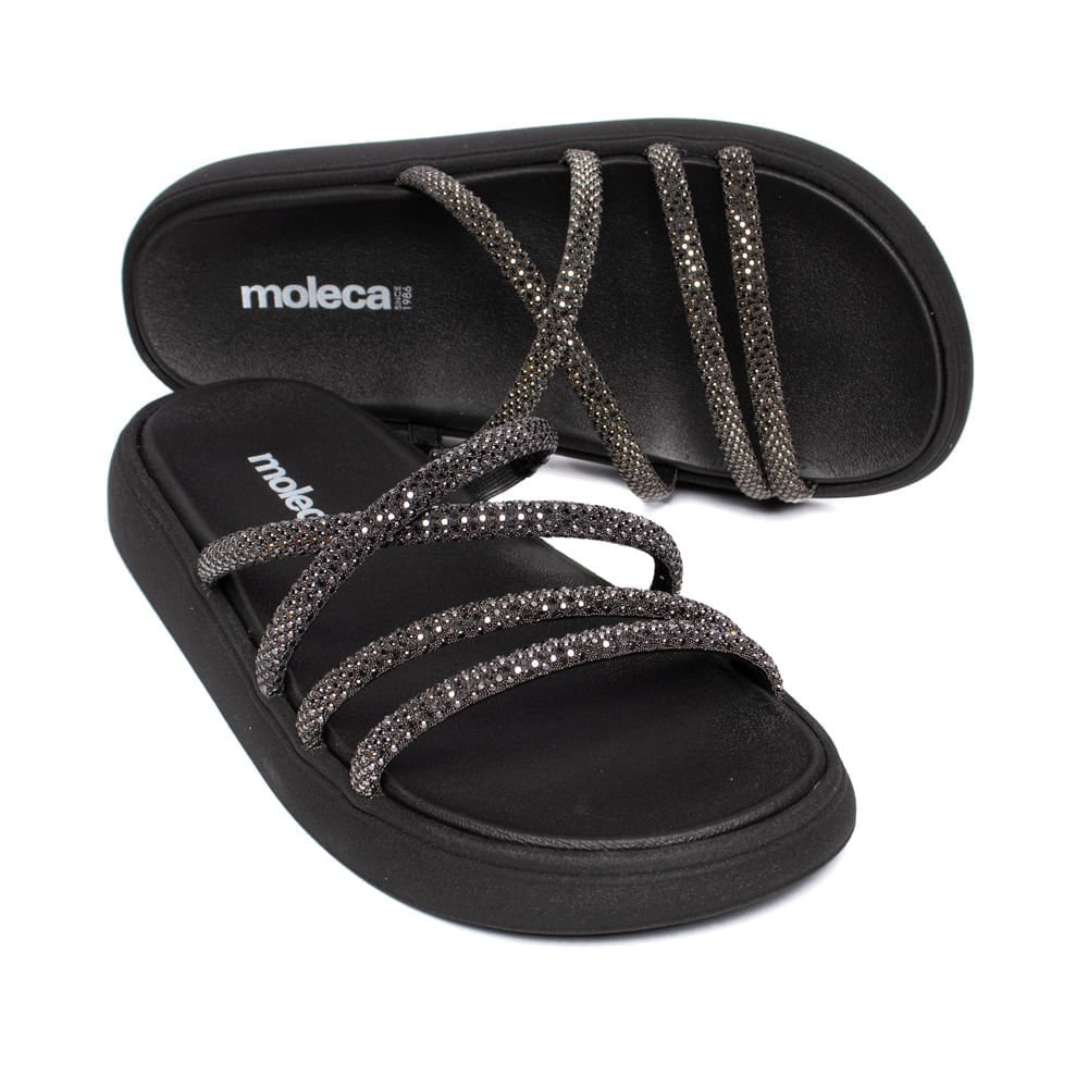 Chinelo Slide Feminino Moleca Flatform Pedrarias Preto Preto 4