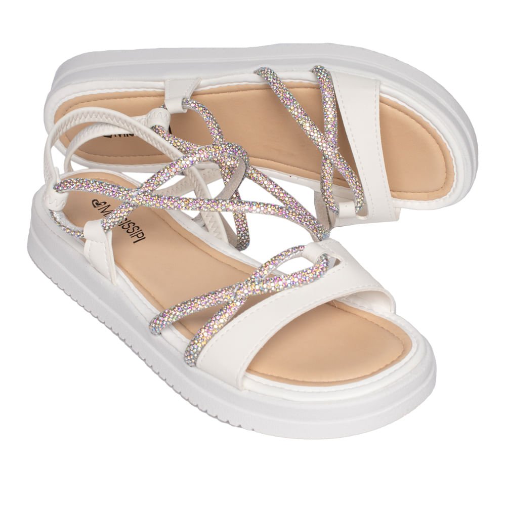 Sandália Feminina Mississipi Flatform Strass Branco Branco 6