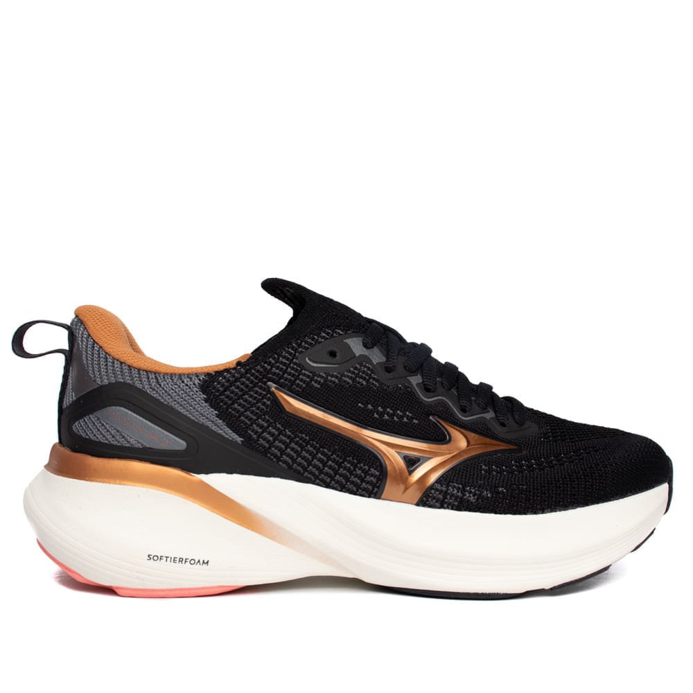 Tênis Feminino Mizuno Glow 3 Knit Softierfoam Preto/Dourado