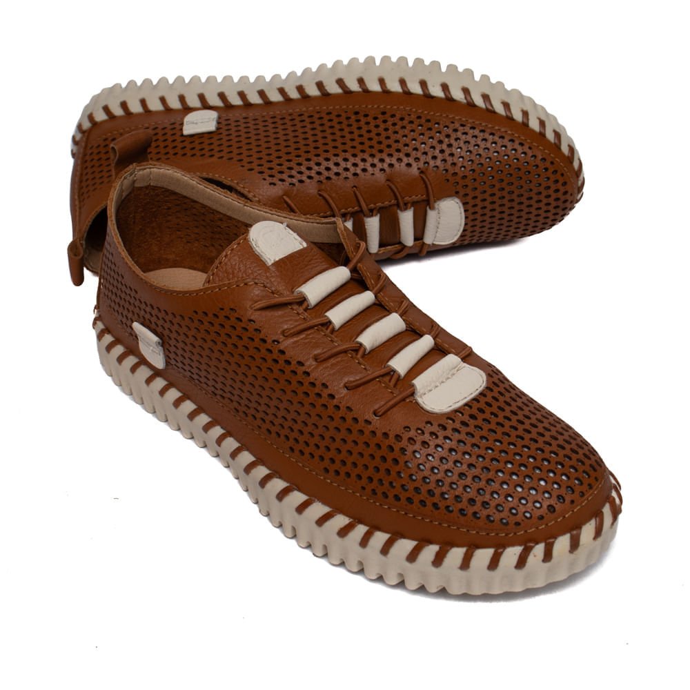 Tênis Feminino Bottero Couro Perfurado Caramelo/Off White Marrom 5