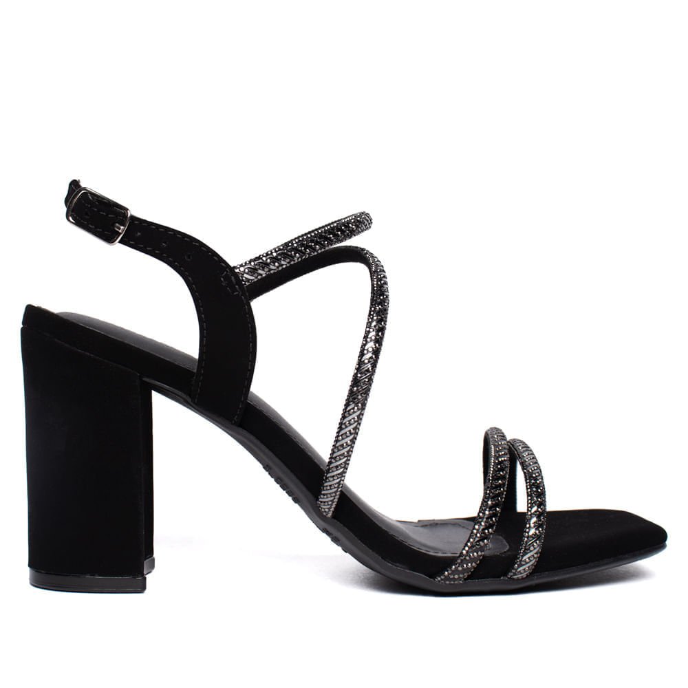 Sandália Feminina Via Marte Nobuck Salto Grosso Strass Preto