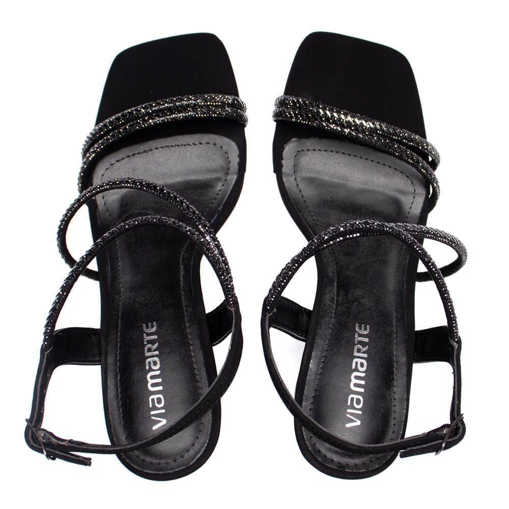 Sandália Feminina Via Marte Nobuck Salto Grosso Strass Preto Preto 4