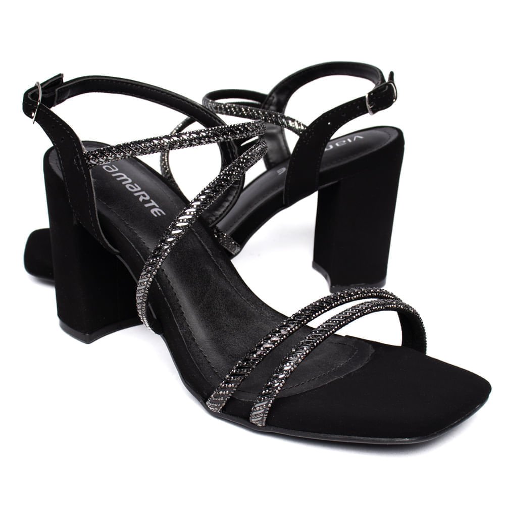 Sandália Feminina Via Marte Nobuck Salto Grosso Strass Preto Preto 5