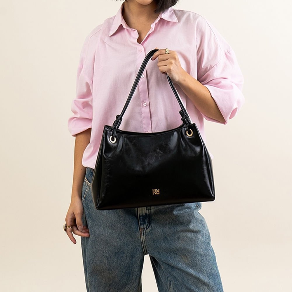 Bolsa Feminina Rafitthy Tote Média Alças Finas Preto Preto 5