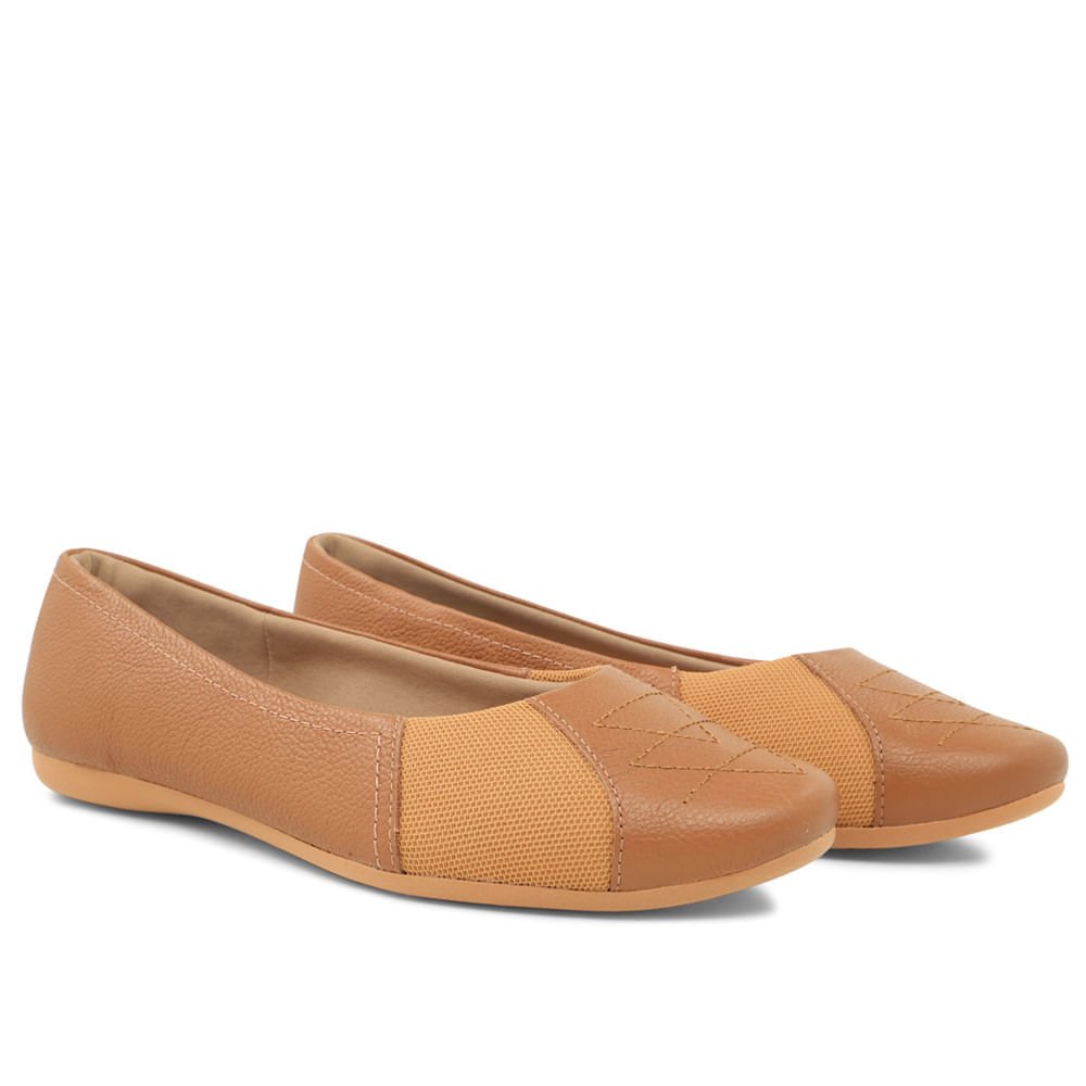 Sapatilha Camel Couro Bico Redondo Bordado Marrom 2