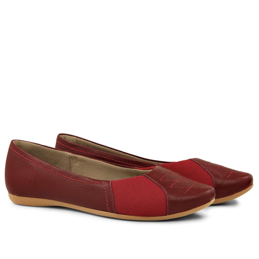 Sapatilha Rebu Couro Bico Redondo Bordado Vinho 2