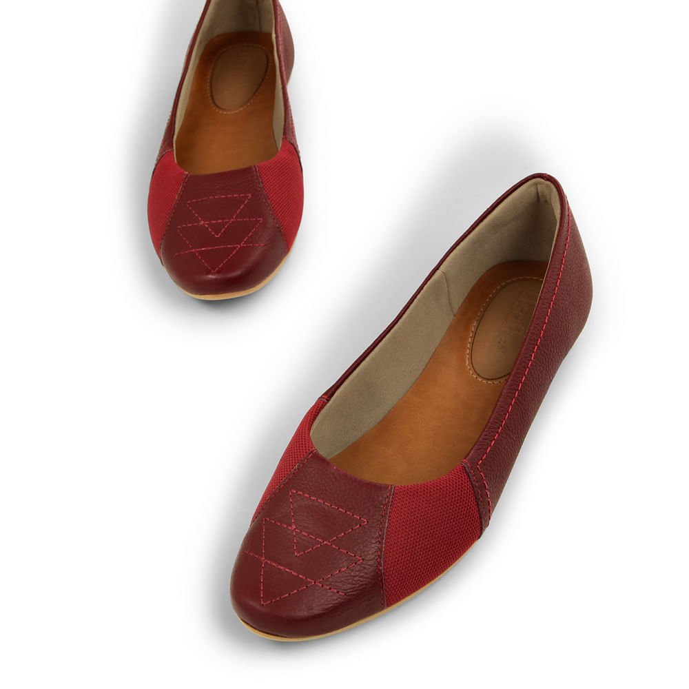Sapatilha Rebu Couro Bico Redondo Bordado Vinho 4