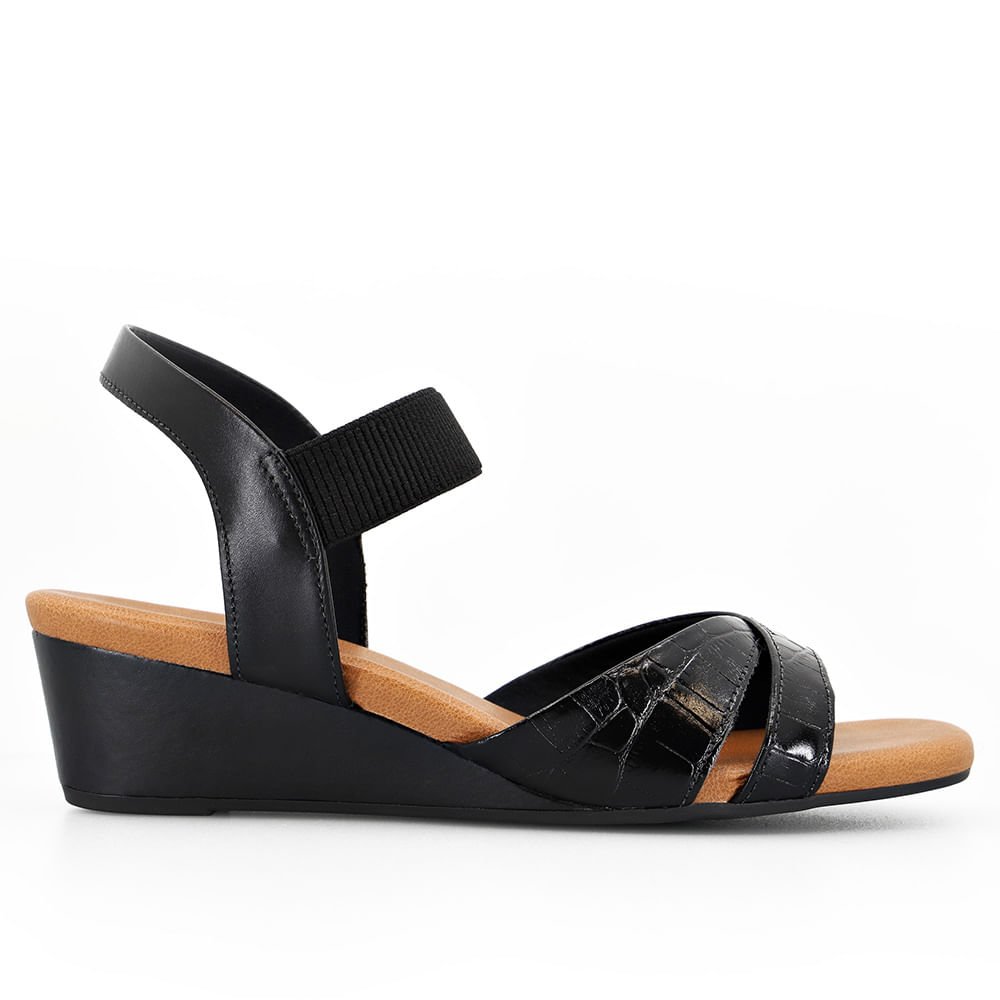 Sandália Anabela Couro Croco Preto