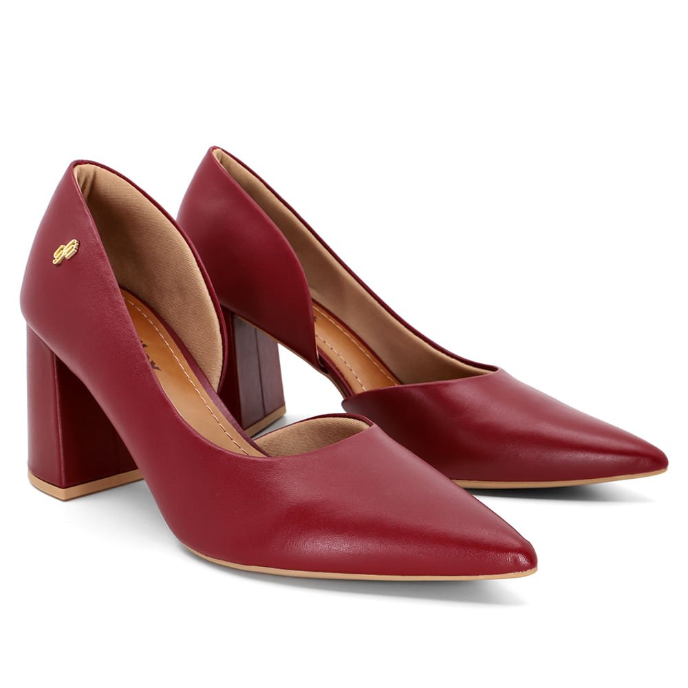 Scarpin Vermelho Salto Bloco Couro Recorte Interno Bordô 2