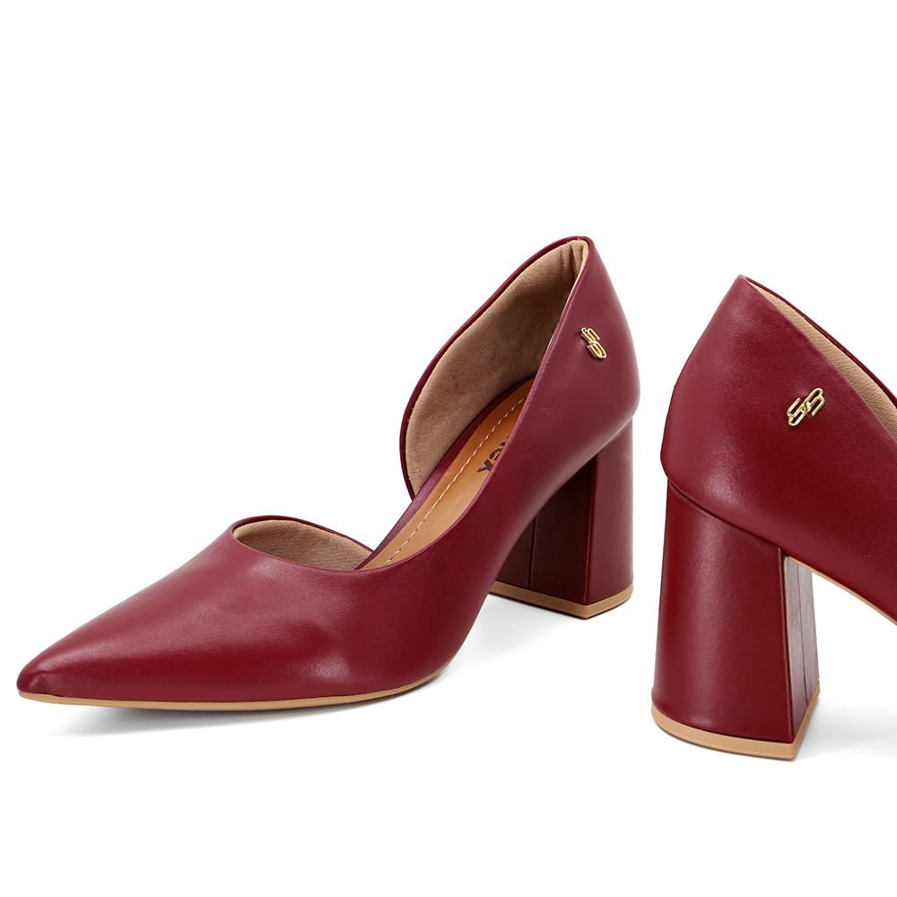 Scarpin Vermelho Salto Bloco Couro Recorte Interno Bordô 5