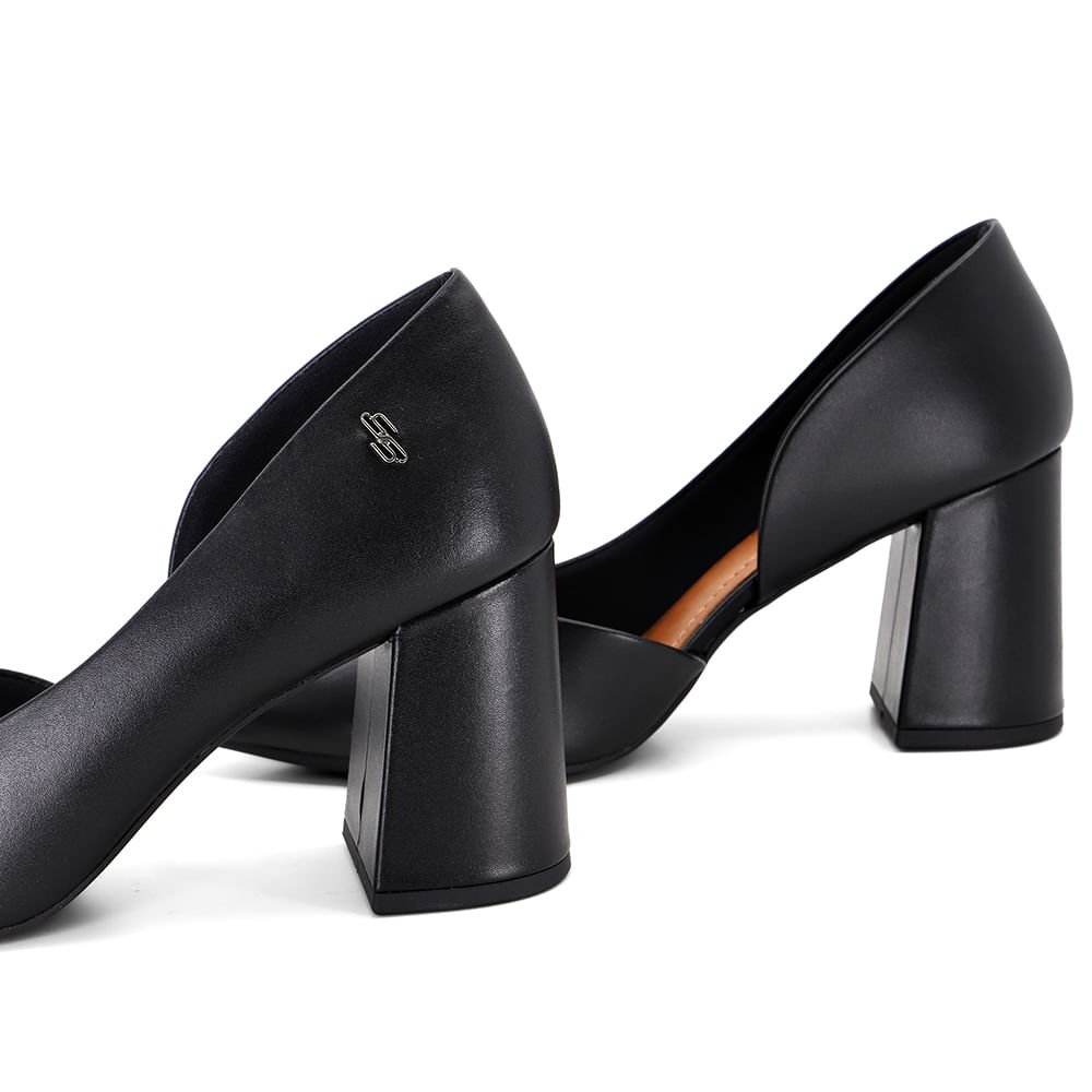 Scarpin Preto Salto Bloco Couro Recorte Interno Preto 5