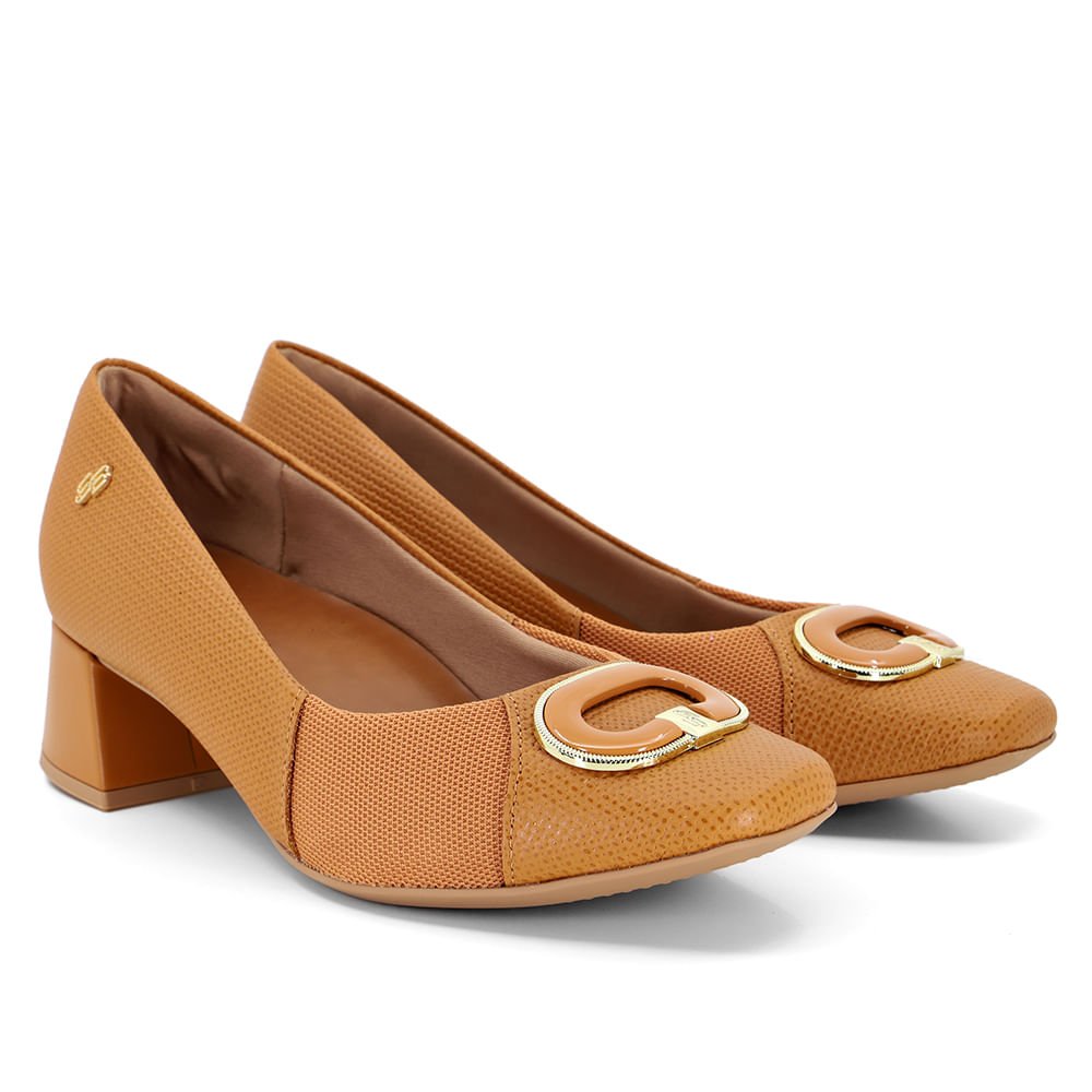 Scarpin Marrom Salto Bloco Couro Tressê Monograma Marrom 2